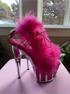 Pleaser Adore-724F Clear Hot Pink Marabou 7" Platform Sandals Size 9